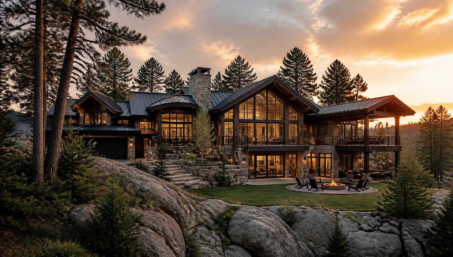 Luxury mountain home exterior at sunset near Rapid City in the Black Hills of South Dakota