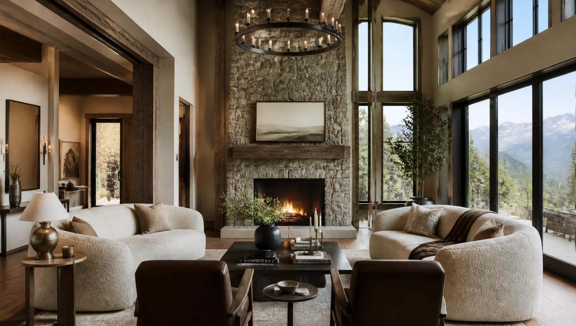 Living room with floor-to-ceiling stone fireplace designed by a Black Hills interior designer