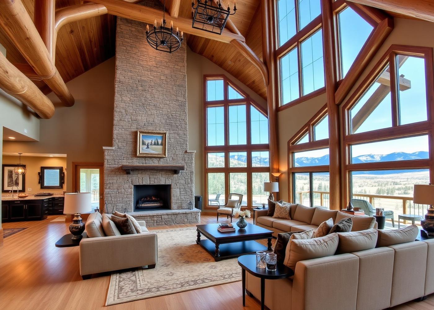 Mountain home interior design in the Black Hills with timber trusses and a stone fireplace